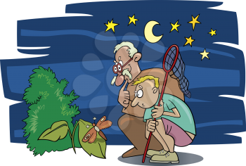Royalty Free Clipart Image of a Boy and an Older Man Looking at a Butterfly on a Leaf