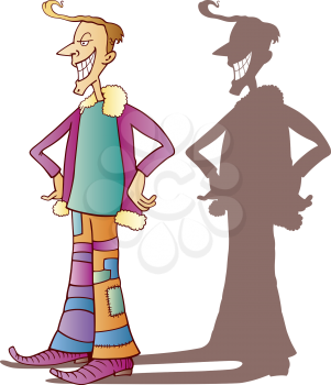 Royalty Free Clipart Image of a Guy in Odd Clothes and His Shadow