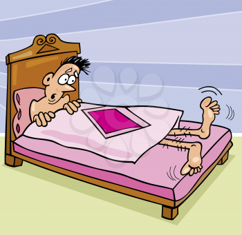 Royalty Free Clipart Image of a Man Trying to Cover Up With a Short Blanket
