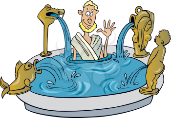 Royalty Free Clipart Image of a Guy Taking a Bath With Fountains