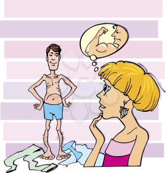 Royalty Free Clipart Image of a Shocked Woman Looking at a Skinny Man