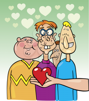 Royalty Free Clipart Image of Four Boys With a Heart in Front of Them