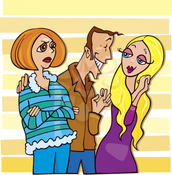 Royalty Free Clipart Image of a Man With His Wife, Flirting With Another Woman