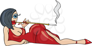 Royalty Free Clipart Image of a Woman in a Red Dress Smoking a Cigarette
