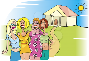 Royalty Free Clipart Image of Four Women Outside a Building