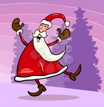 Cartoon Illustration of Funny Santa Claus or Papa Noel against Sky and Christmas Tree with Star