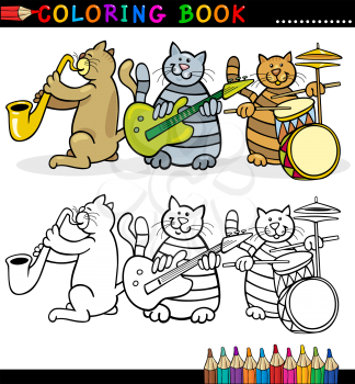 Coloring Book or Page Cartoon Illustration of Funny Cats Music Band for Children