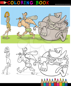 Coloring Book or Page Cartoon Illustration of Funny Cavemen Family Couple