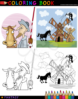 Coloring Book or Page Cartoon Illustration of Don Quixote and his Horse Fairytale Characters