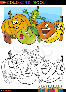 Coloring Book or Page Cartoon Illustration of Funny Food Characters Fruits and Vegetables for Children Education