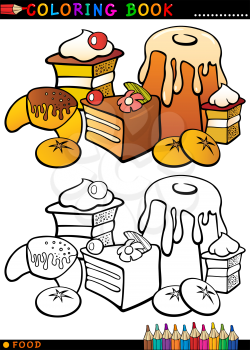 Coloring Book or Page Cartoon Illustration of Sweet Food like Cakes and Cookies and Buns for Children Education