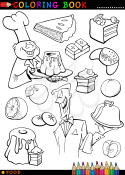 Coloring Book or Page Cartoon Illustration of Sweet Food like Cakes and Cookies and Buns with Cook and Waiter for Children Education
