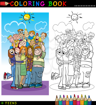 Coloring Book or Page Cartoon Illustration of Happy Boys and Girls Teenagers Group giving a Hug and Laughing