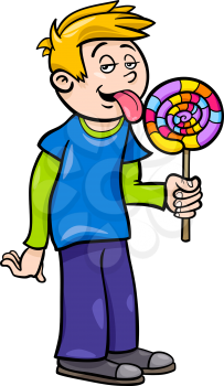 Cartoon Illustration of Cute Boy with Big Colorful Lollipop