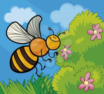 Cartoon Illustration of Funny Honey Bee on the Meadow