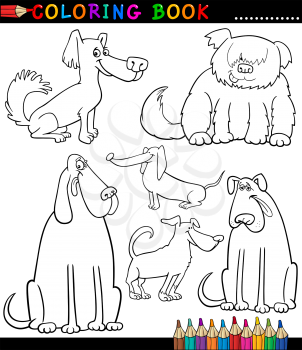 Coloring Book or Coloring Page Black and White Cartoon Illustration of Funny Purebred or Mongrel Dogs and Puppies