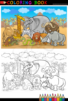 Cartoon Illustration of Funny Safari Wild Animals like Elephant, Rhino, Lion, Zebra, Giraffe and Monkey for Coloring Book or Coloring Page