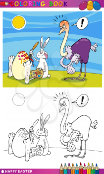 Coloring Book or Page Cartoon Illustration of Easter Bunny Painting on Eggs Shells