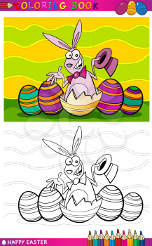Coloring Book or Page Cartoon Illustration of Easter Bunny with Hat hatched from egg and Painted Eggs