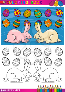 Coloring Book or Page Cartoon Illustration of Two Easter Bunnies with Painted Eggs and Spring Flower
