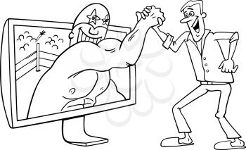 Black and White Cartoon Illustration of Funny Man with Wrestler for tv or Watching Interactive Digital Television or Playing Video Game