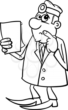 Black and White Cartoon Illustration of Thinking Male Medical Doctor with Writing Board