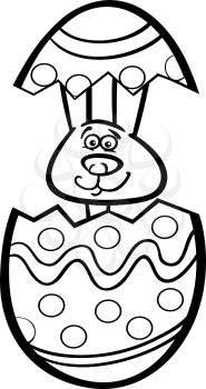Black and White Cartoon Illustration of Funny Easter Bunny in Colored Eggshell of Easter Egg for Coloring Book
