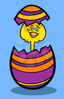 Cartoon Illustration of Funny Little Yellow Chicken or Chick in Colored Eggshell of Easter Egg