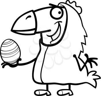 Black and White Cartoon Illustration of Funny Man in Easter Chicken Costume with Easter Egg for Coloring Book