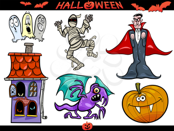 Cartoon Illustration of Halloween Holiday Themes, Vampire or Count Dracula, Mummy, Haunted House, Basilisk or Monster, Pumpkin and Ghosts
