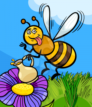 Cartoon Illustration of Funny Bee on the Meadow with Pot of Honey or Nectar