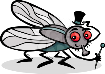 Cartoon Illustration of Funny Fly or Housefly with Hat and Cane