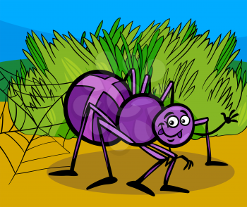 Cartoon Illustration of Funny Cross Spider Insect on the Meadow