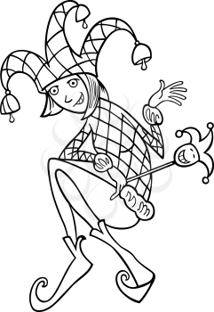 Black and White Cartoon Illustration of Woman in Jester or Joker Costume