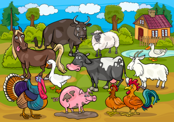 Cartoon Illustration of Country Scene with Farm Animals Livestock Big Group