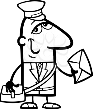 Black and White Cartoon Illustration of Funny Postman with Letter Profession Occupation for Coloring Book