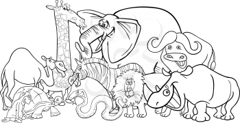 Black and White Cartoon Illustration of Funny African Safari Wild Animals Group for Coloring Book
