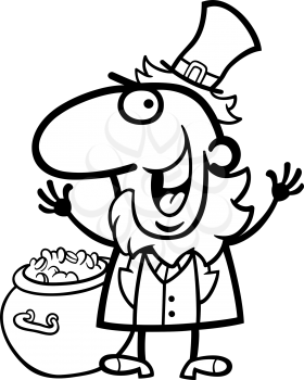 Black and White Cartoon Illustration of Happy Leprechaun with Pot of Gold on St Patrick Day Holiday for Coloring Book