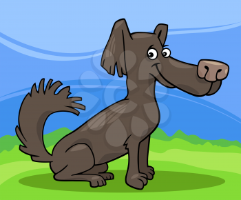 Cartoon Illustration of Funny Little Shaggy Dog against Blue Sky and Green Grass