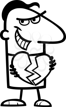 Black and White Cartoon St Valentines Illustration of Funny Man Breaking Heart or Heartbreaker