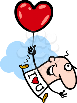 Cartoon Illustration of Funny Man flying with Valentine Heart Shape Balloon for Valentines Day