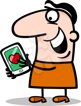 Cartoon Illustration of Funny Man Reading Love Message or Valentine on his Tablet PC for Valentines Day