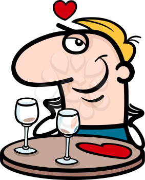 Cartoon Illustration of Funny Man Waiting in Restaurant for his Valentine on Valentines Day