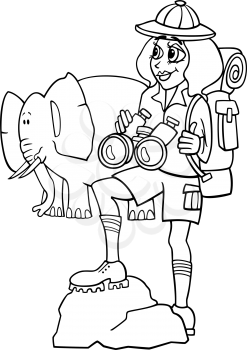 Black and White Cartoon Illustration of Cute Woman Traveler on African Safari with Elephant for Coloring