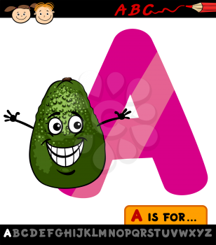Cartoon Illustration of Capital Letter A from Alphabet with Avocado Fruit for Children Education