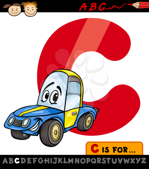 Cartoon Illustration of Capital Letter C from Alphabet with Car for Children Education