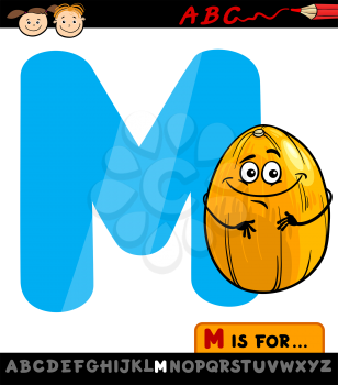 Cartoon Illustration of Capital Letter M from Alphabet with Melon for Children Education