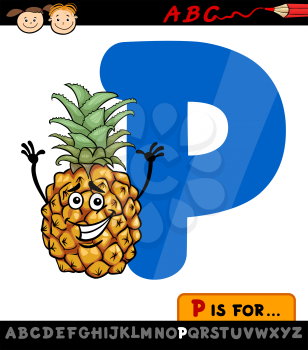 Cartoon Illustration of Capital Letter P from Alphabet with Pineapple for Children Education
