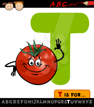 Cartoon Illustration of Capital Letter T from Alphabet with Tomato for Children Education