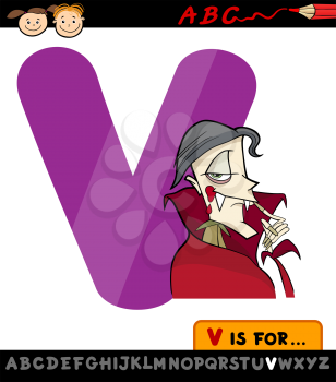 Cartoon Illustration of Capital Letter V from Alphabet with Vampire for Children Education